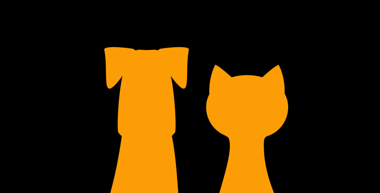 Orange silhouettes of a sitting dog and cat